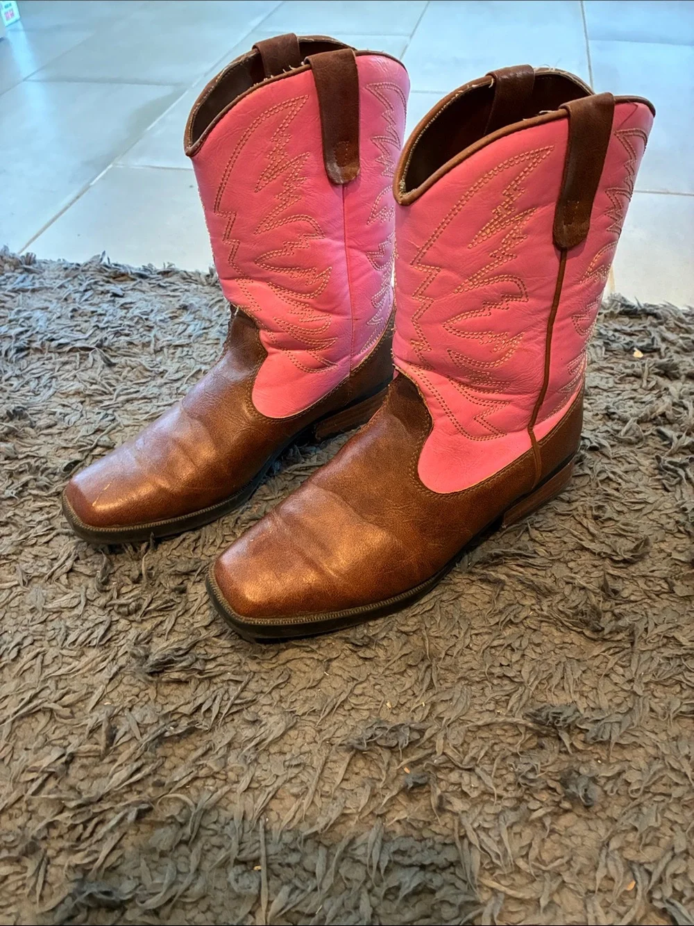 Kids Brown Leather & Pink Western Boots